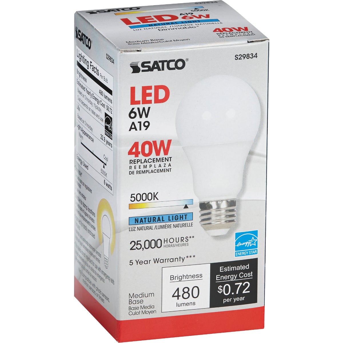 Satco 40W Equivalent Natural Light A19 Medium Dimmable LED Light Bulb Image 4