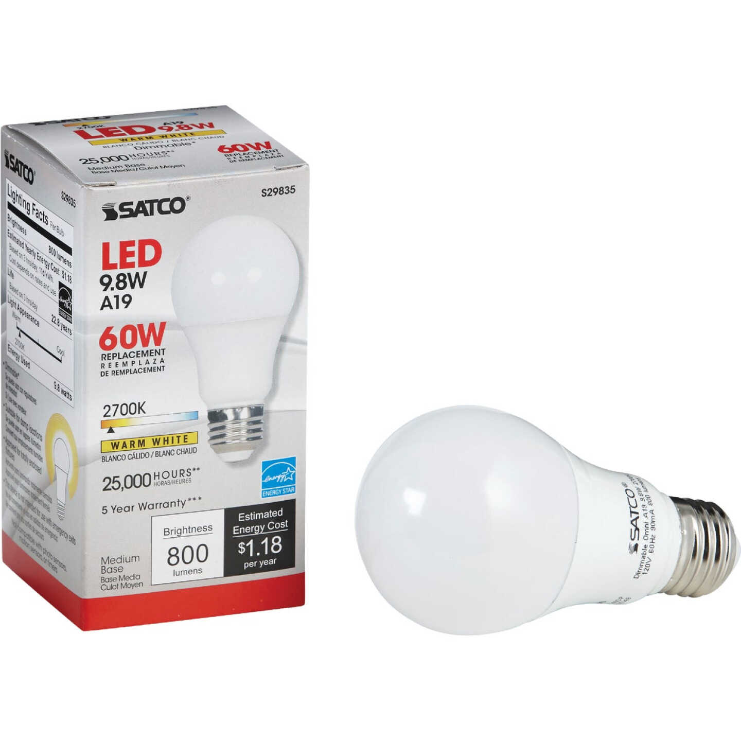 Satco 60W Equivalent Warm White A19 Medium Dimmable LED Light Bulb Image 1