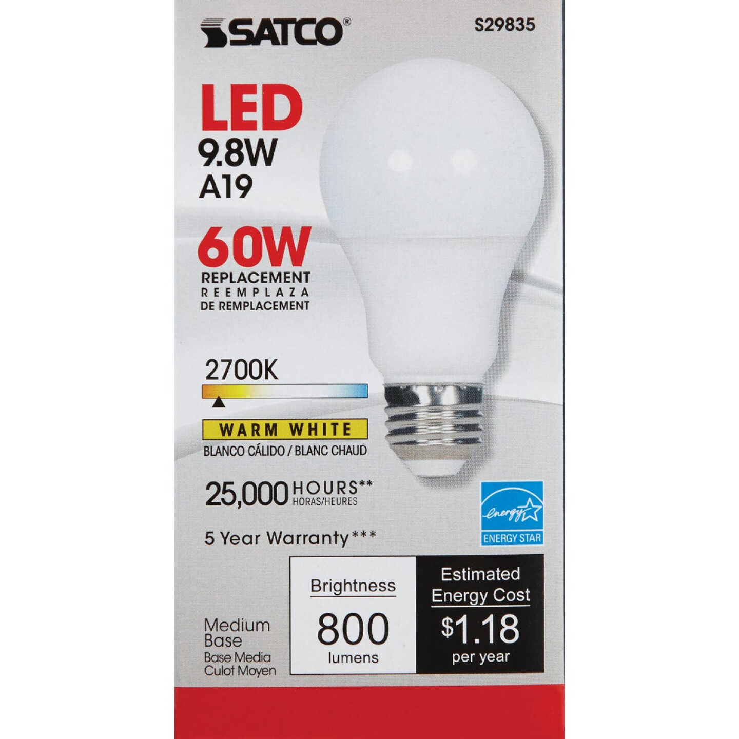 Satco 60W Equivalent Warm White A19 Medium Dimmable LED Light Bulb Image 2