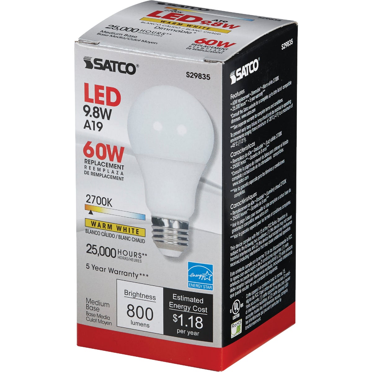 Satco 60W Equivalent Warm White A19 Medium Dimmable LED Light Bulb Image 3