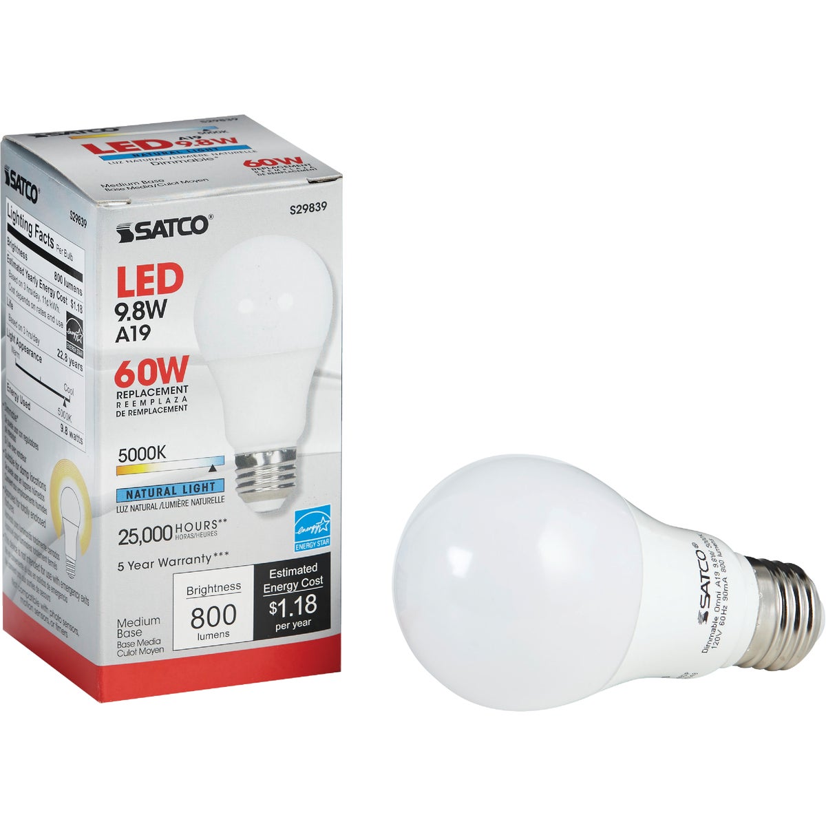 Satco 60W Equivalent Natural Light A19 Medium Dimmable LED Light Bulb Image 1