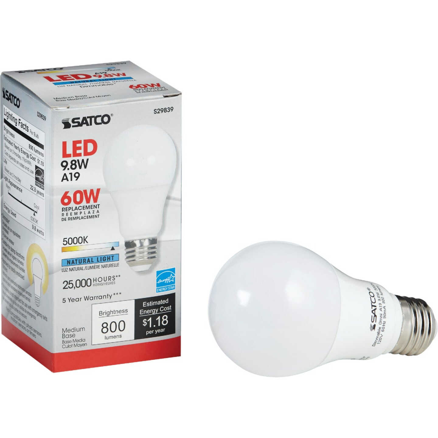 Satco 60W Equivalent Natural Light A19 Medium Dimmable LED Light Bulb Image 1