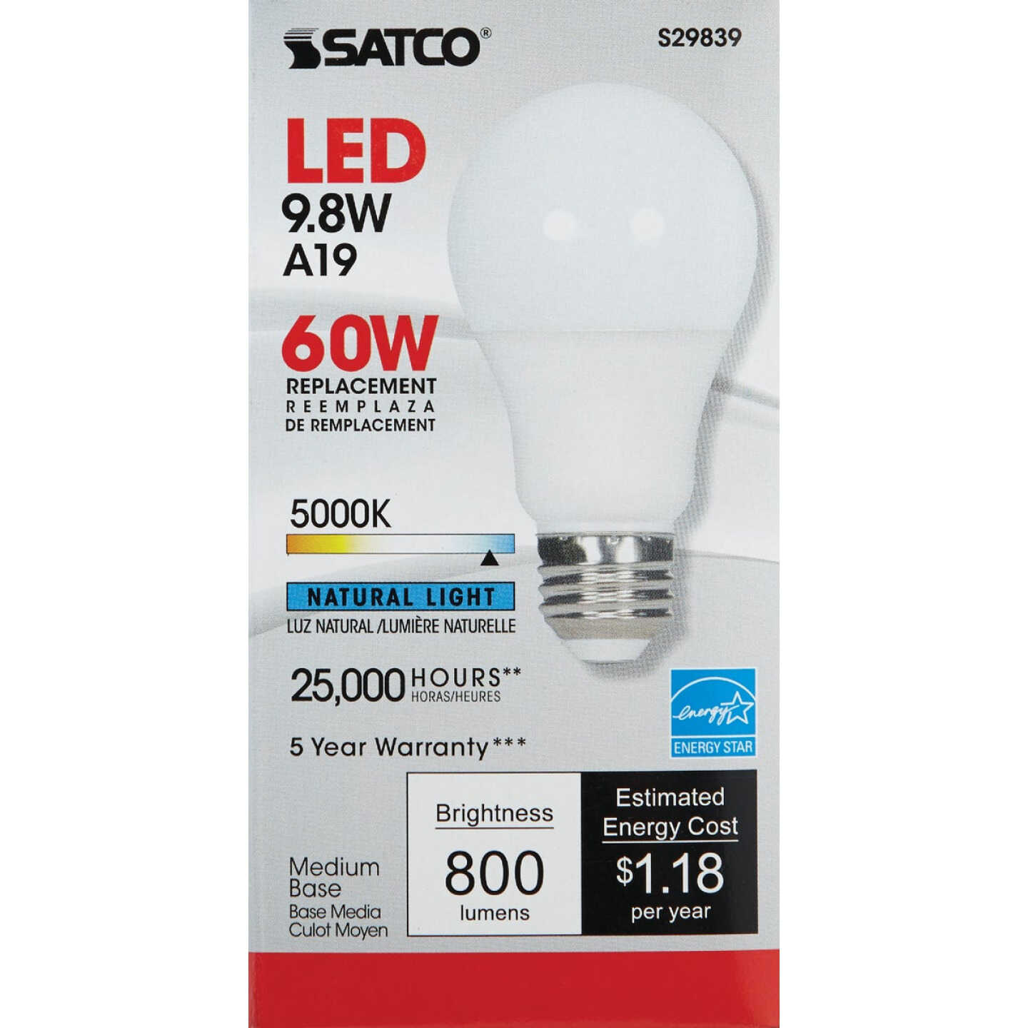 Satco 60W Equivalent Natural Light A19 Medium Dimmable LED Light Bulb Image 2
