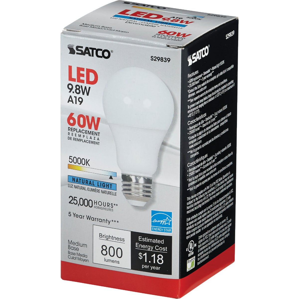 Satco 60W Equivalent Natural Light A19 Medium Dimmable LED Light Bulb Image 3