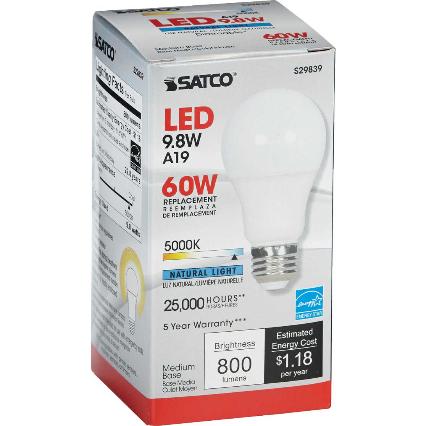 Satco 60W Equivalent Natural Light A19 Medium Dimmable LED Light Bulb Image 4