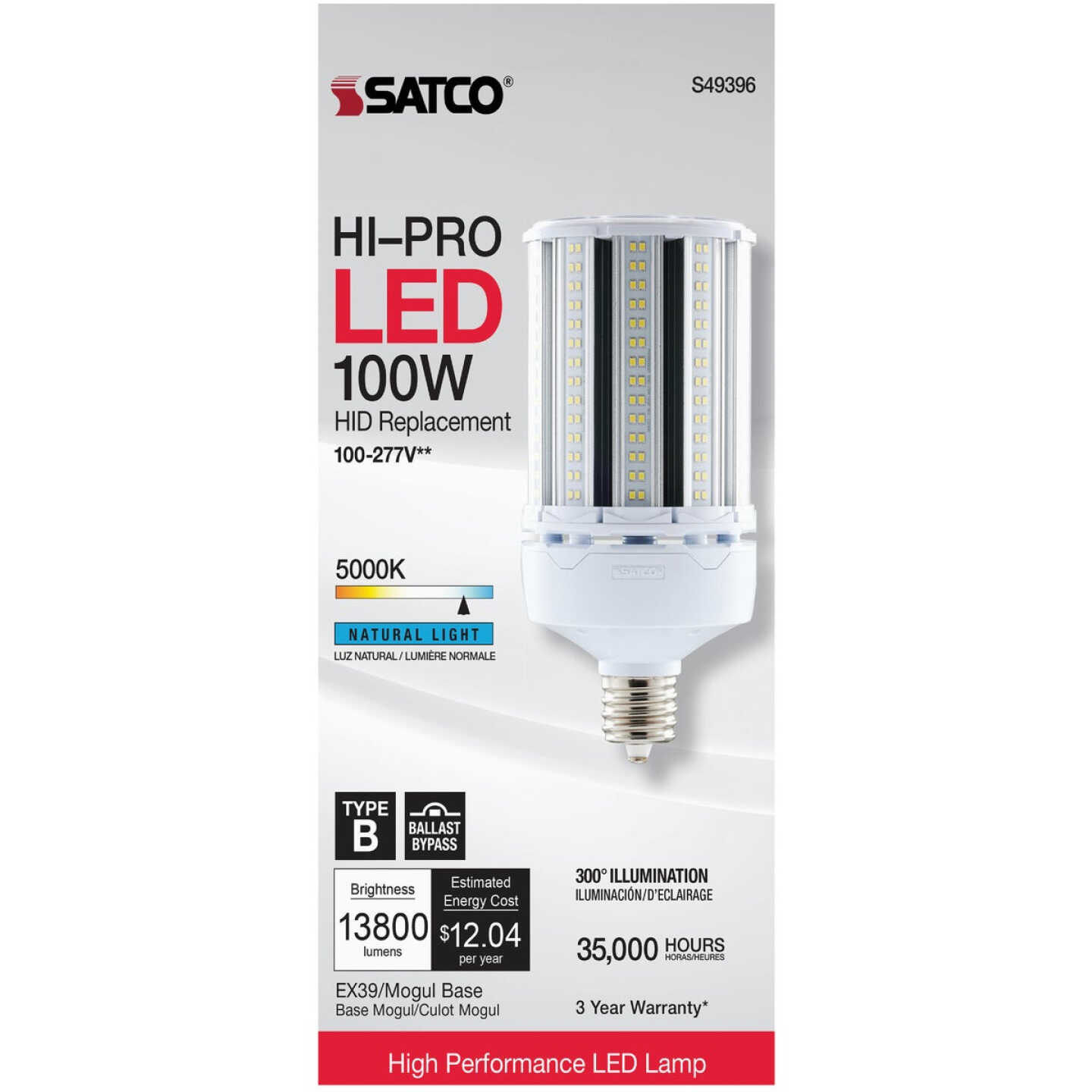 Satco Hi-Pro 400W HID Equivalent Clear Corn Cob Mogul Extended Base LED High-Intensity Light Bulb with Safety Chain Image 2