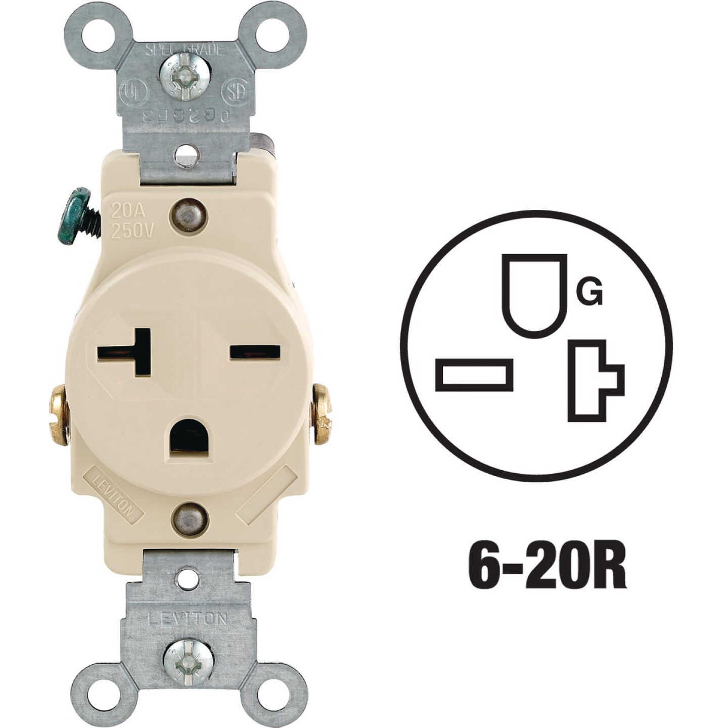 Leviton 20A Ivory Heavy-Duty 6-20R Grounding Single Outlet Image 1