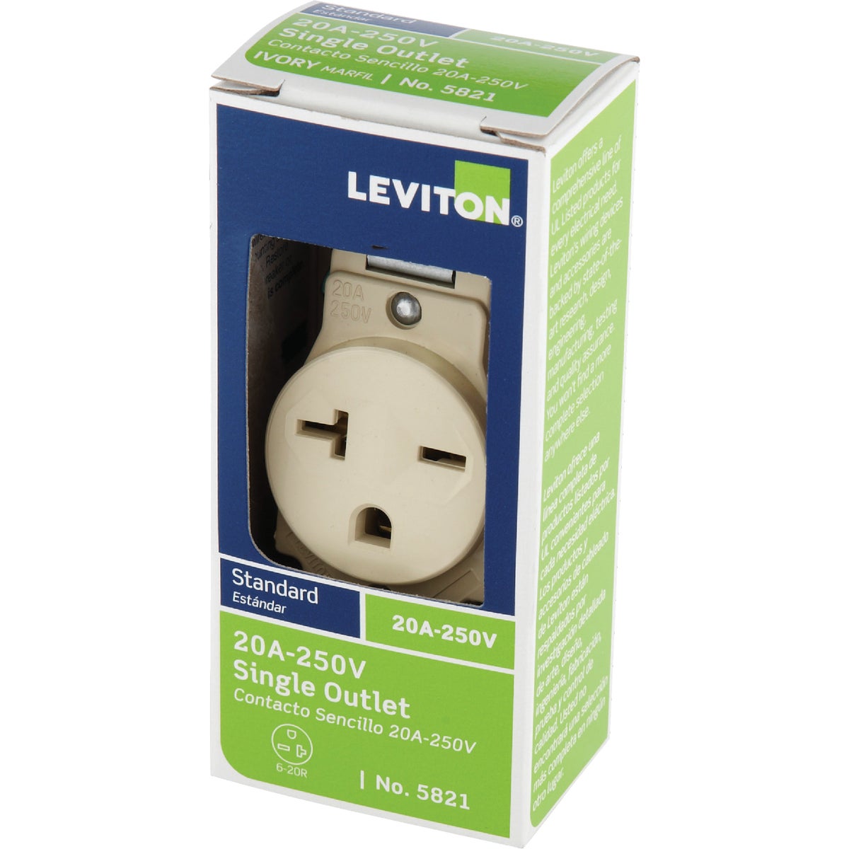 Leviton 20A Ivory Heavy-Duty 6-20R Grounding Single Outlet Image 3