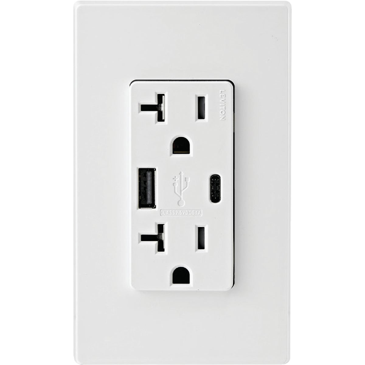 Leviton Decora 20A White 5.1A Type A/C USB with 5-20R Tamper Resistant In-Wall Charger Duplex Outlet Image 2