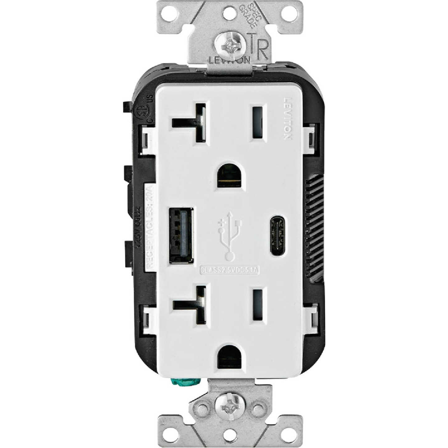 Leviton Decora 20A White 5.1A Type A/C USB with 5-20R Tamper Resistant In-Wall Charger Duplex Outlet Image 1