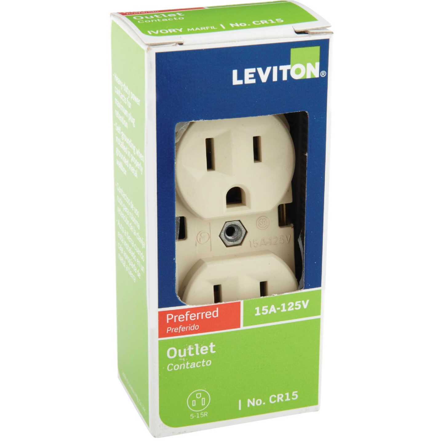Leviton 15A Ivory Commercial Grade 5-15R Duplex Outlet Image 2