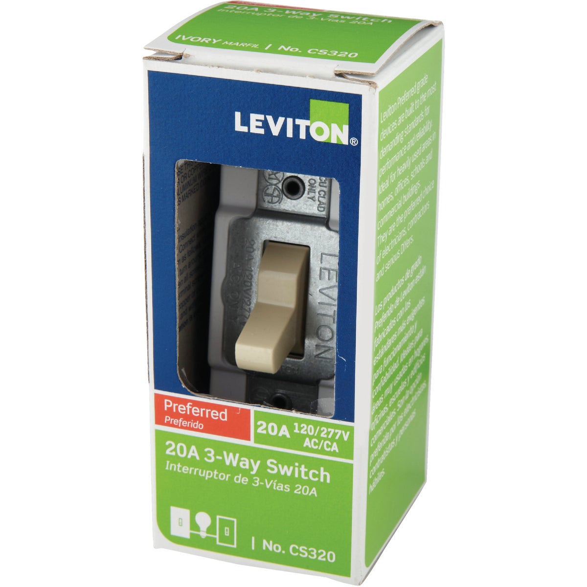 Leviton Toggle Ivory 20A Grounding Quiet 3-Way Switch Image 3