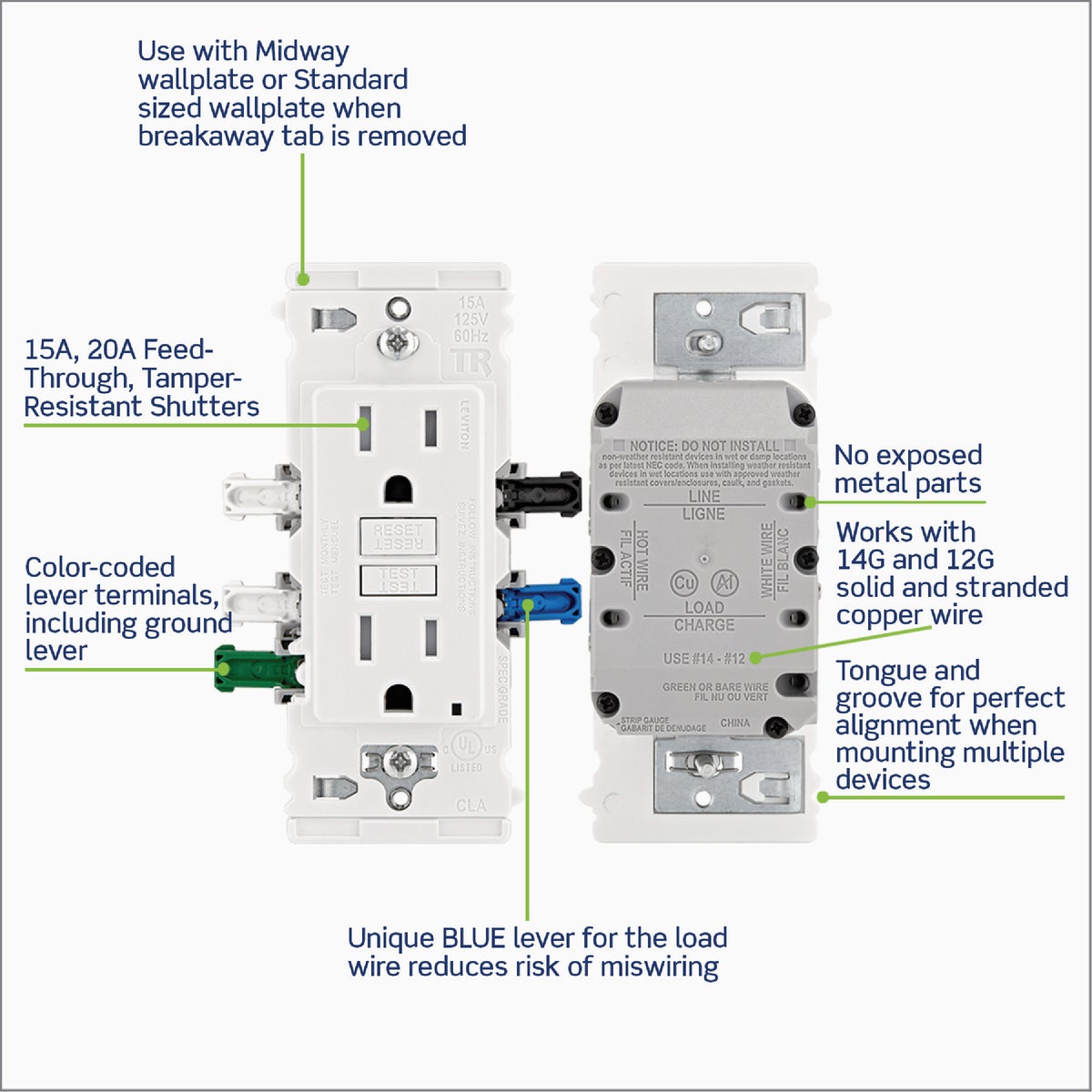 Leviton Lever Edge Self-Test 15A White Tamper-Resistant GFCI Duplex Outlet Image 4