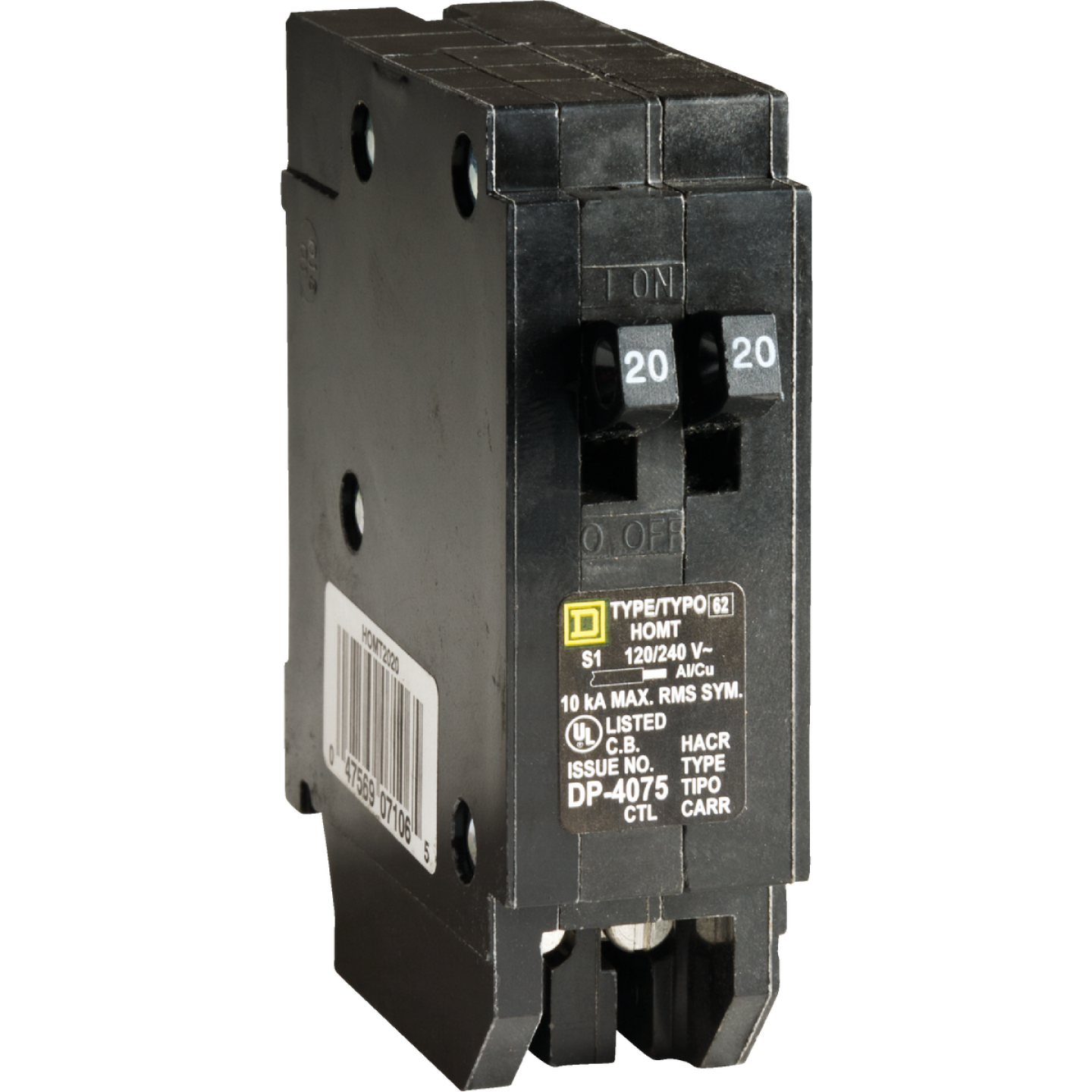 Square D Homeline 20A/20A Twin Single-Pole Standard Trip Tandem Circuit Breaker Image 1