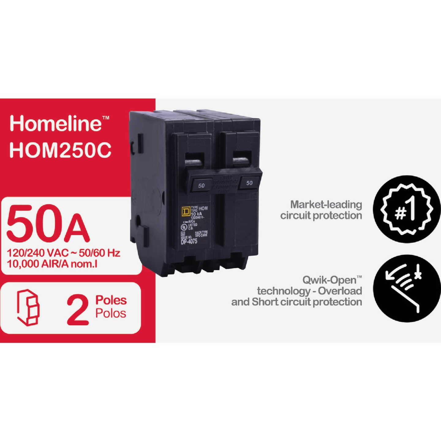 Square D Homeline 50A Double-Pole Standard Trip Circuit Breaker Image 2