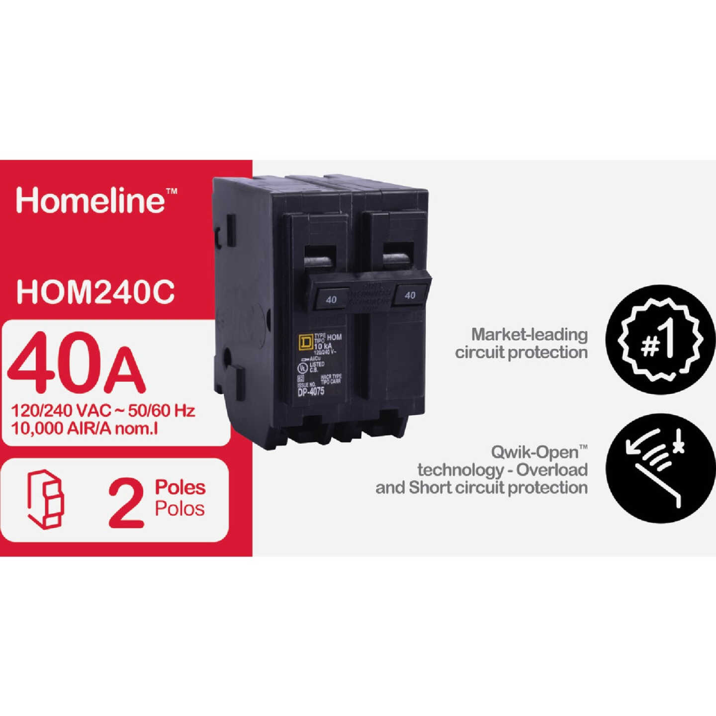 Square D Homeline 40A Double-Pole Standard Trip Circuit Breaker Image 2