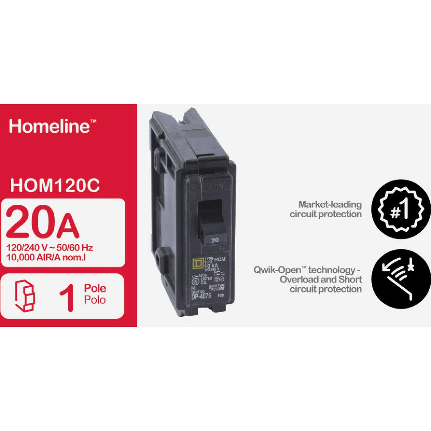 Square D Homeline 20A Single-Pole Standard Trip Circuit Breaker Image 2