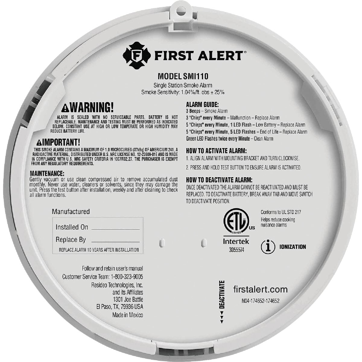 BRK SMI110 10-Year Battery Ionization Smoke Alarm Image 6