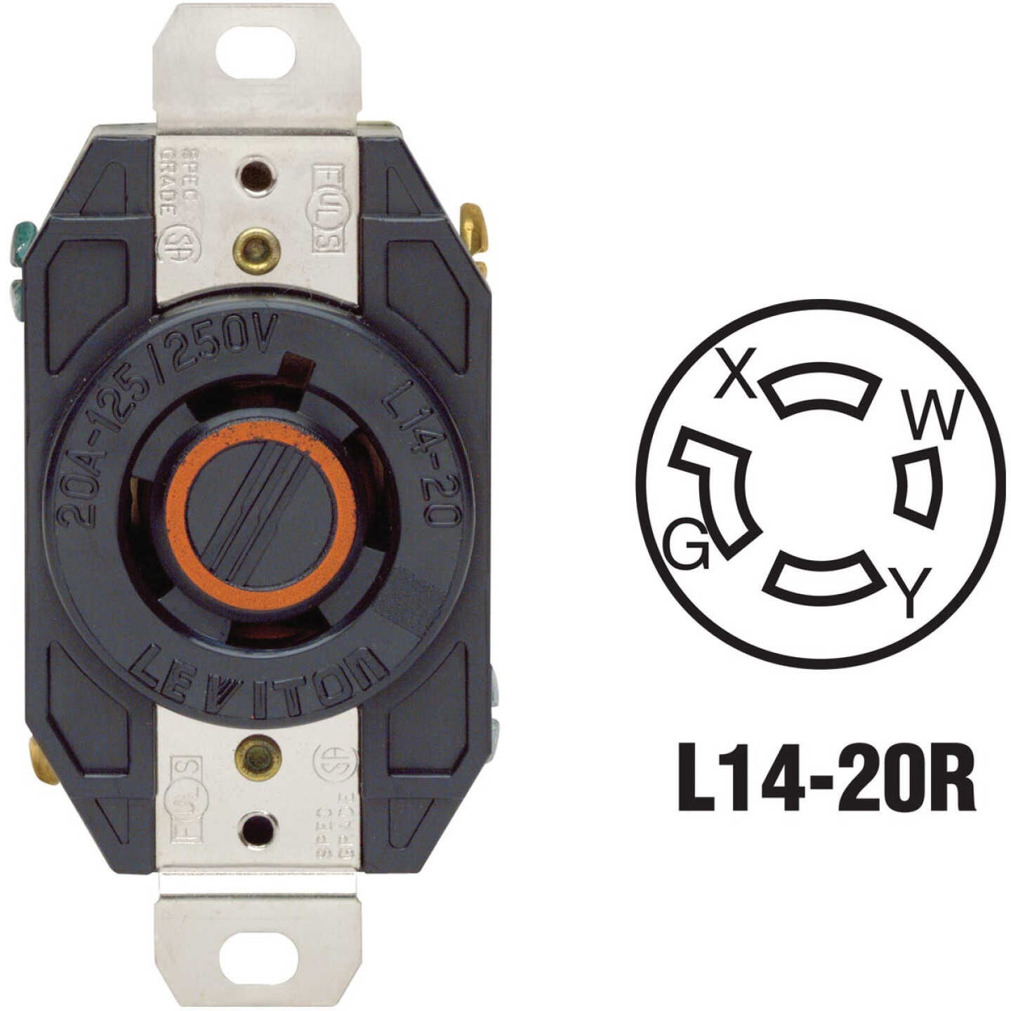 Leviton 20A 125V/250V Black Industrial Grade L14-20R Locking Outlet Receptacle Image 1