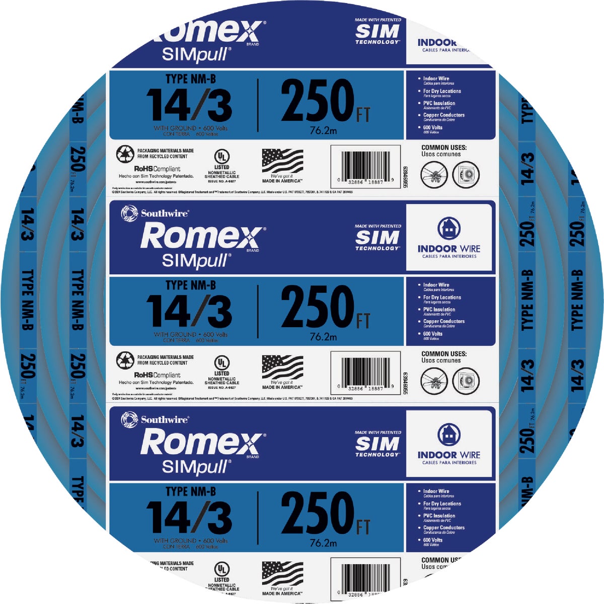 Romex 250 Ft. 14/3 Solid Blue NMW/G Electrical Wire