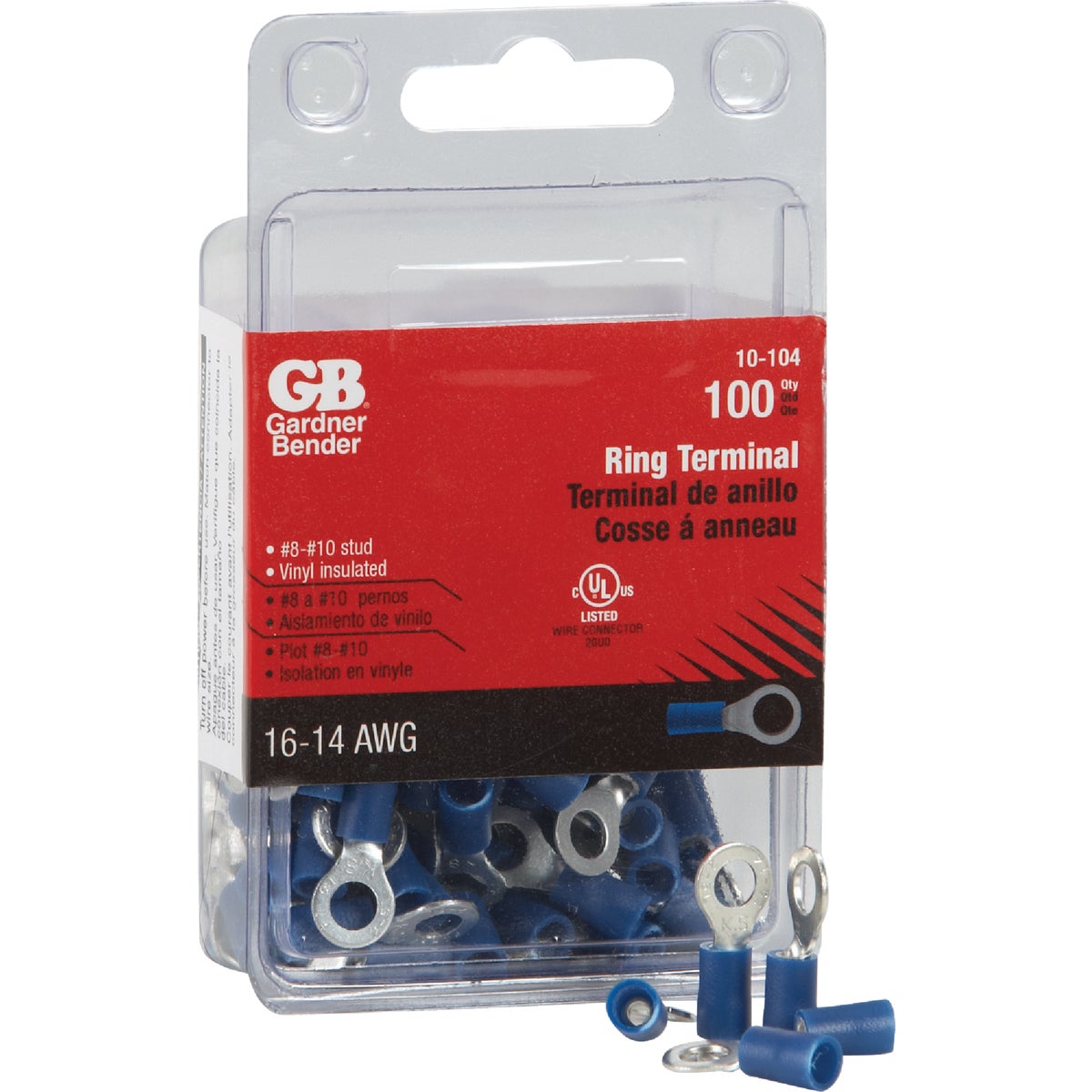 Gardner Bender 16 to 14 AWG #8 to #10 Stud Size Blue Vinyl-Insulated Barrel Ring Terminal (100-Pack) Image 3