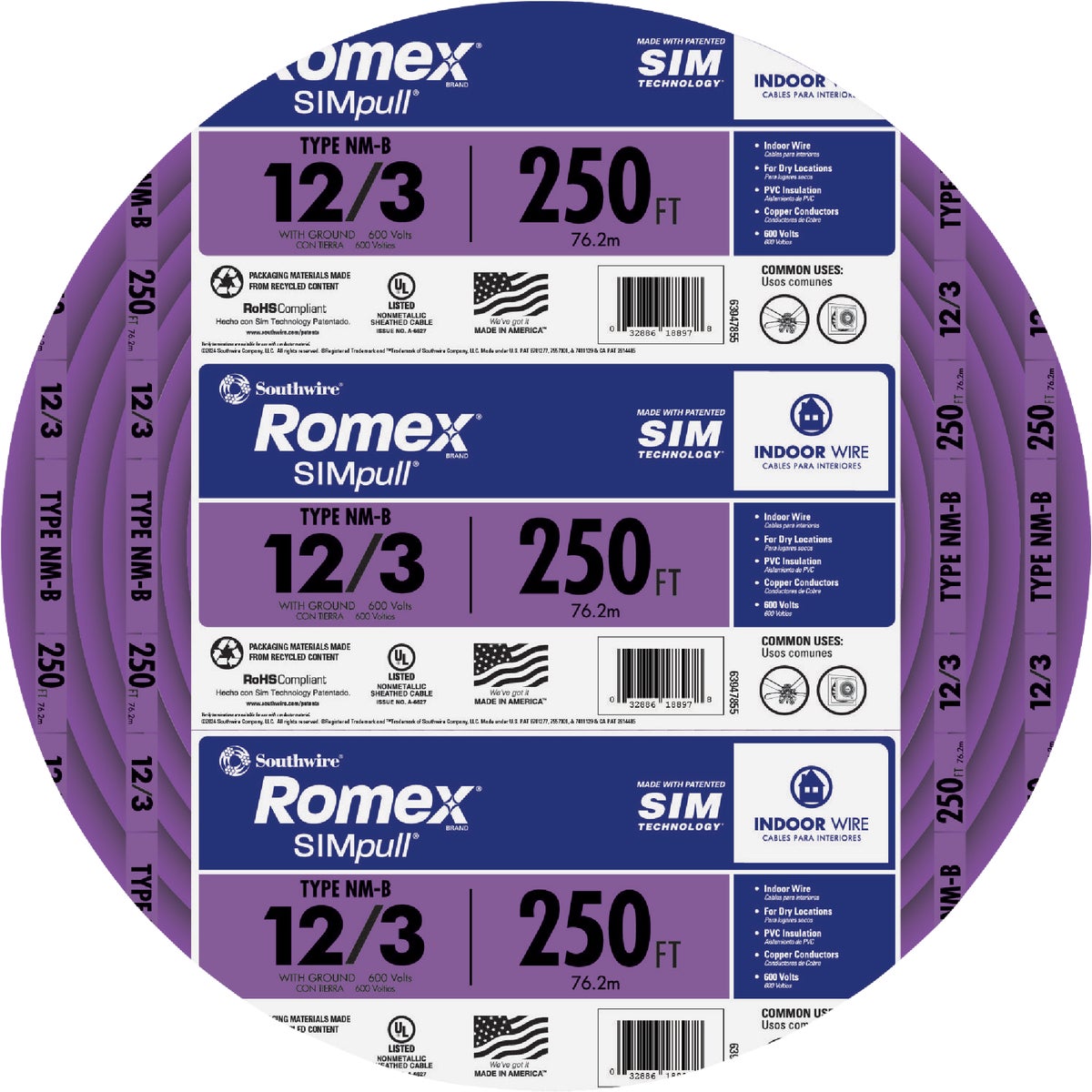 Romex 250 Ft. 12/3 Solid Purple NMW/G Electrical Wire