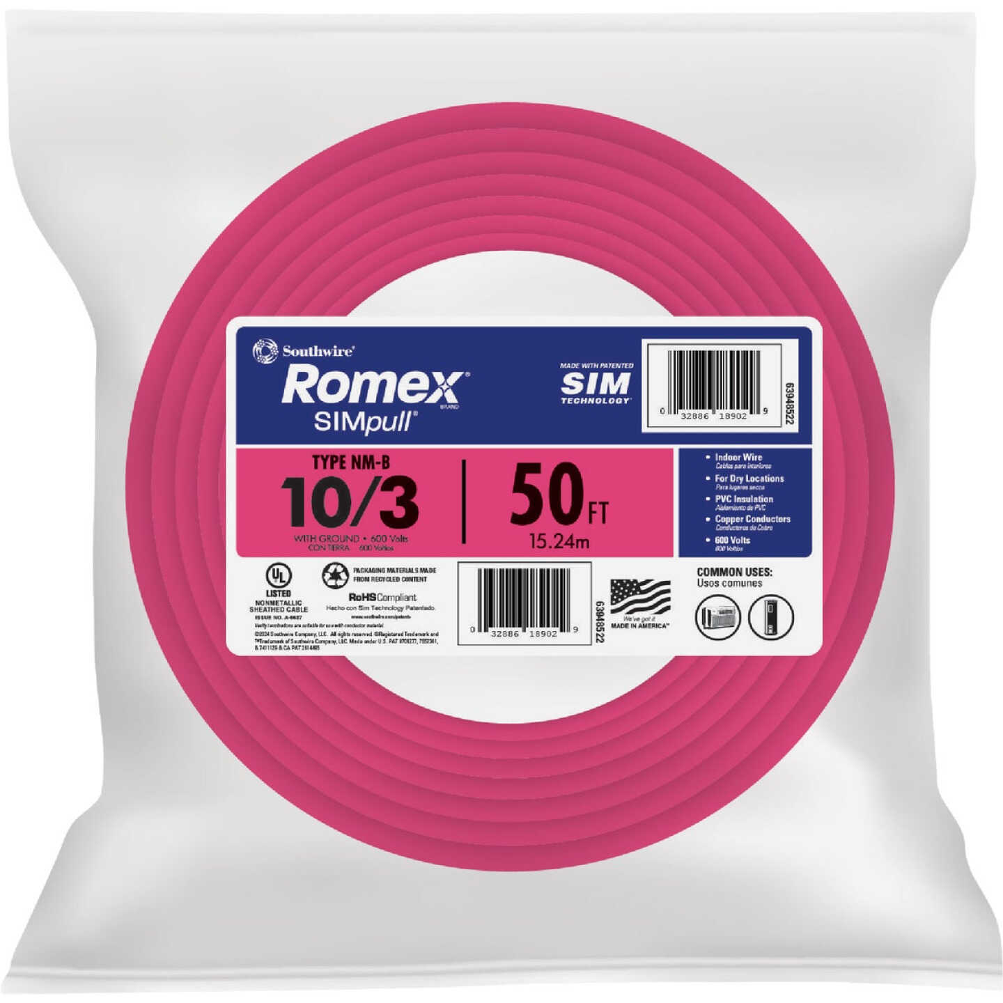 Romex 50 Ft. 10/3 Solid Pink NMW/G Electrical Wire Image 1