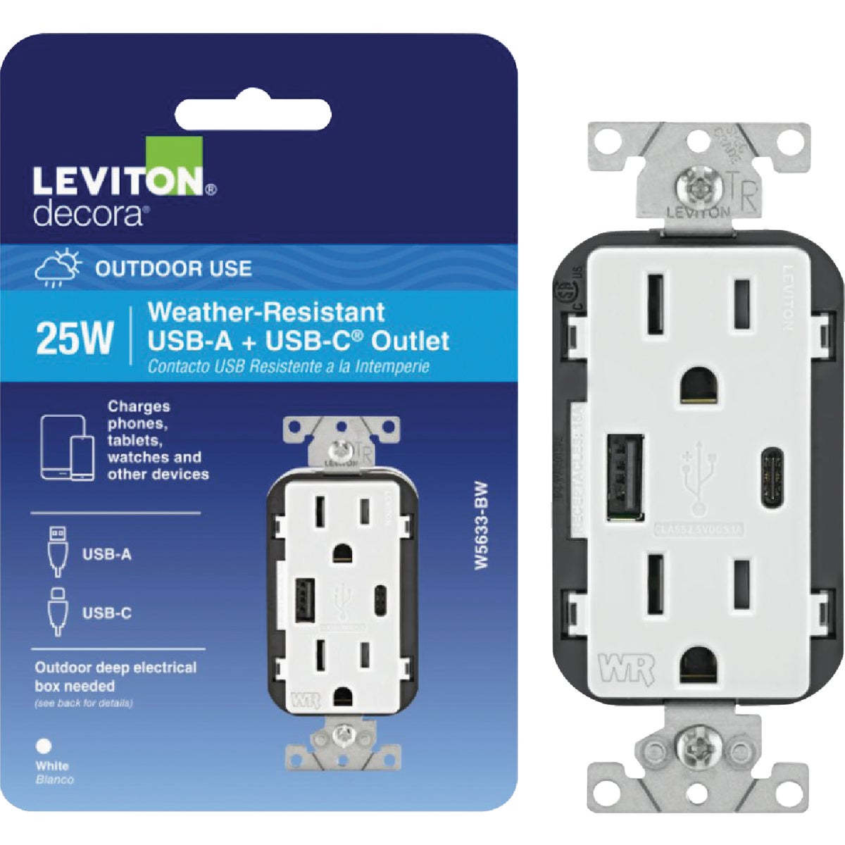Leviton Decora 15A White 5.1A Type A/C USB 5-15R Weather/Tamper-Resistant In-Wall Charger Duplex Outlet