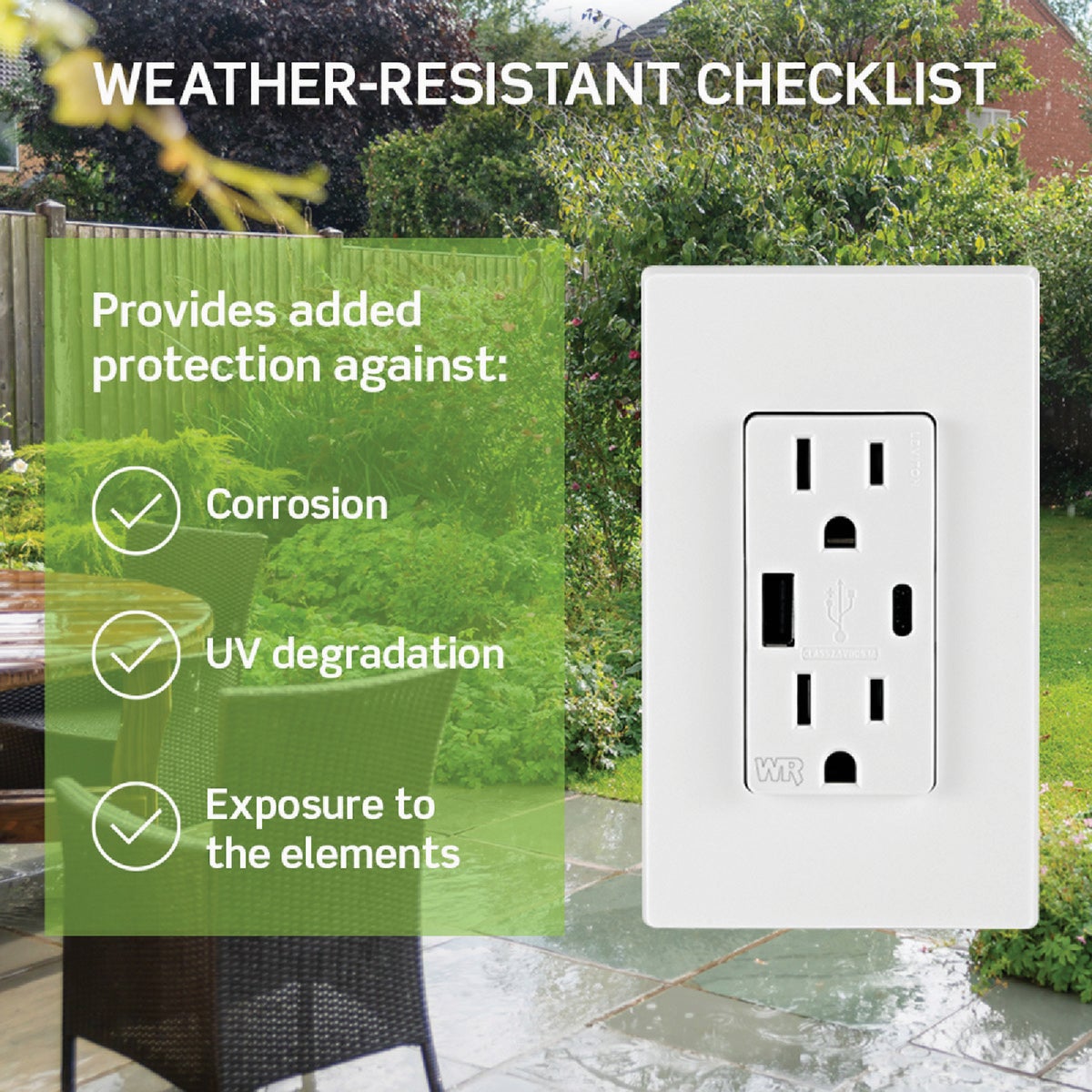 Leviton Decora 15A White 5.1A Type A/C USB 5-15R Weather/Tamper-Resistant In-Wall Charger Duplex Outlet Image 2
