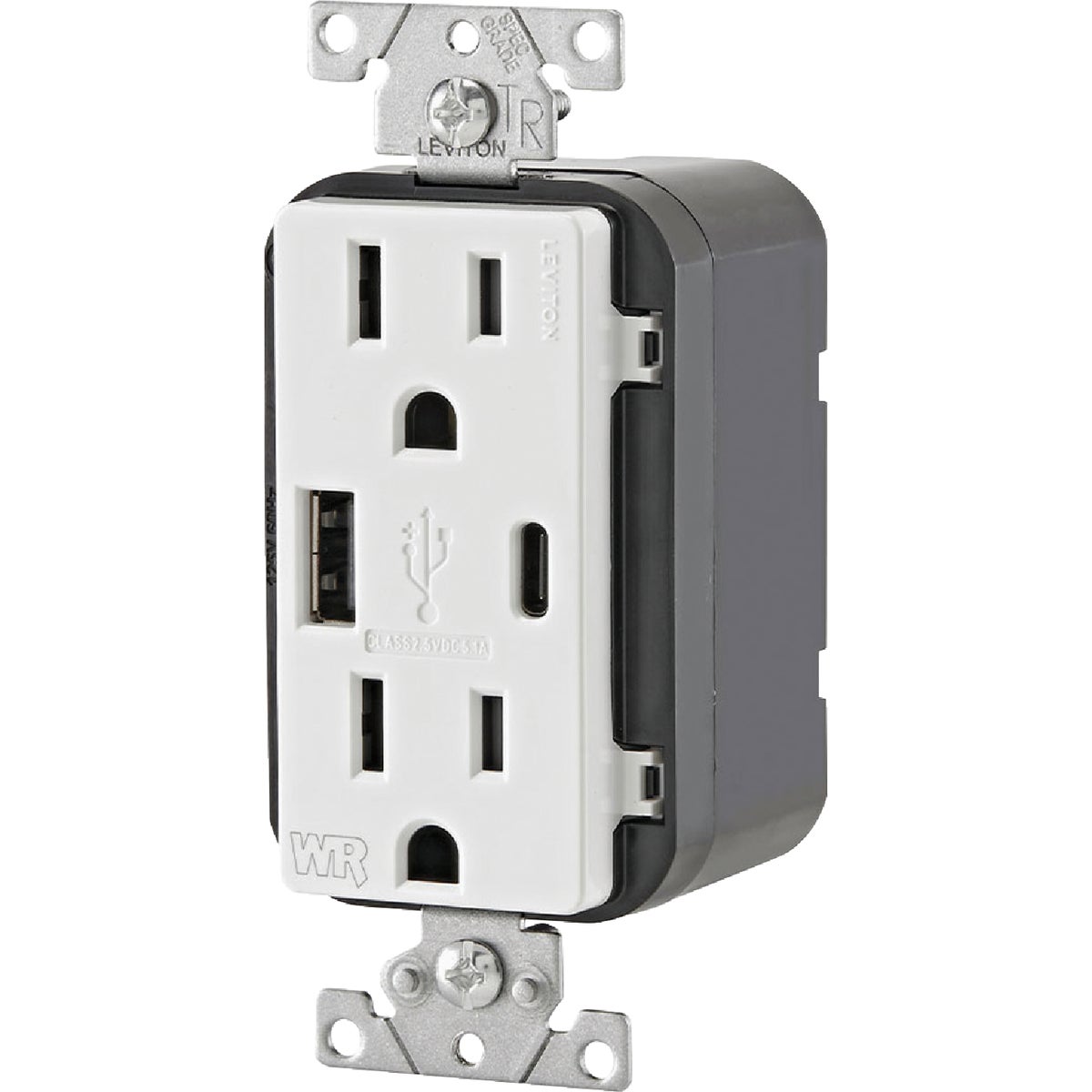 Leviton Decora 15A White 5.1A Type A/C USB 5-15R Weather/Tamper-Resistant In-Wall Charger Duplex Outlet Image 6