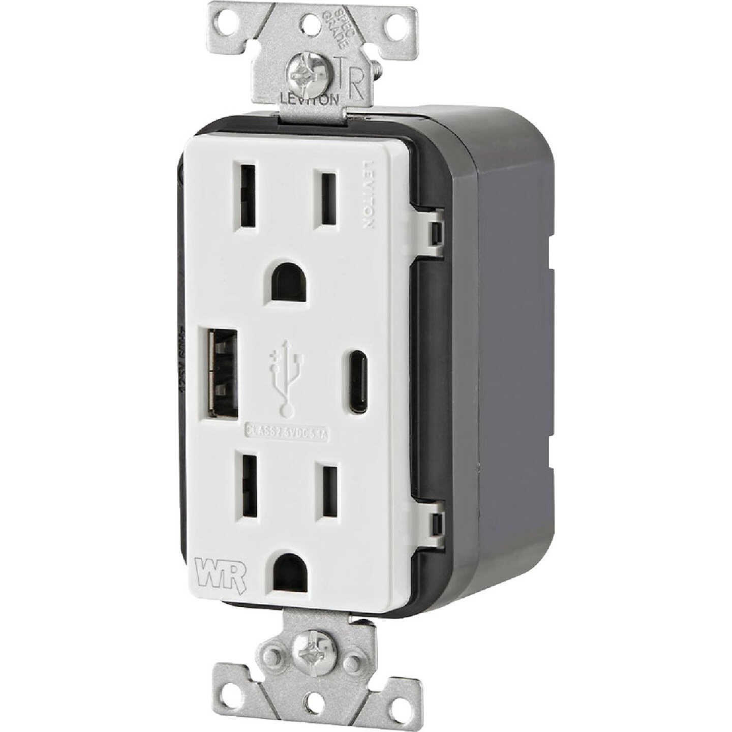 Leviton Decora 15A White 5.1A Type A/C USB 5-15R Weather/Tamper-Resistant In-Wall Charger Duplex Outlet Image 6