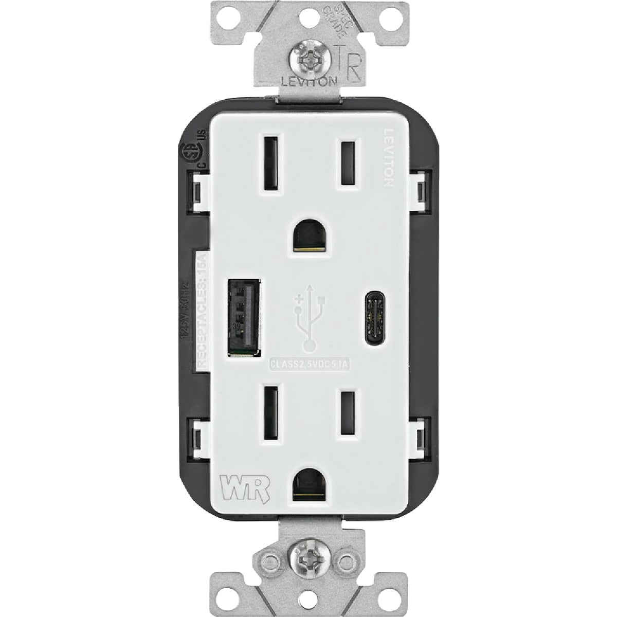 Leviton Decora 15A White 5.1A Type A/C USB 5-15R Weather/Tamper-Resistant In-Wall Charger Duplex Outlet Image 7