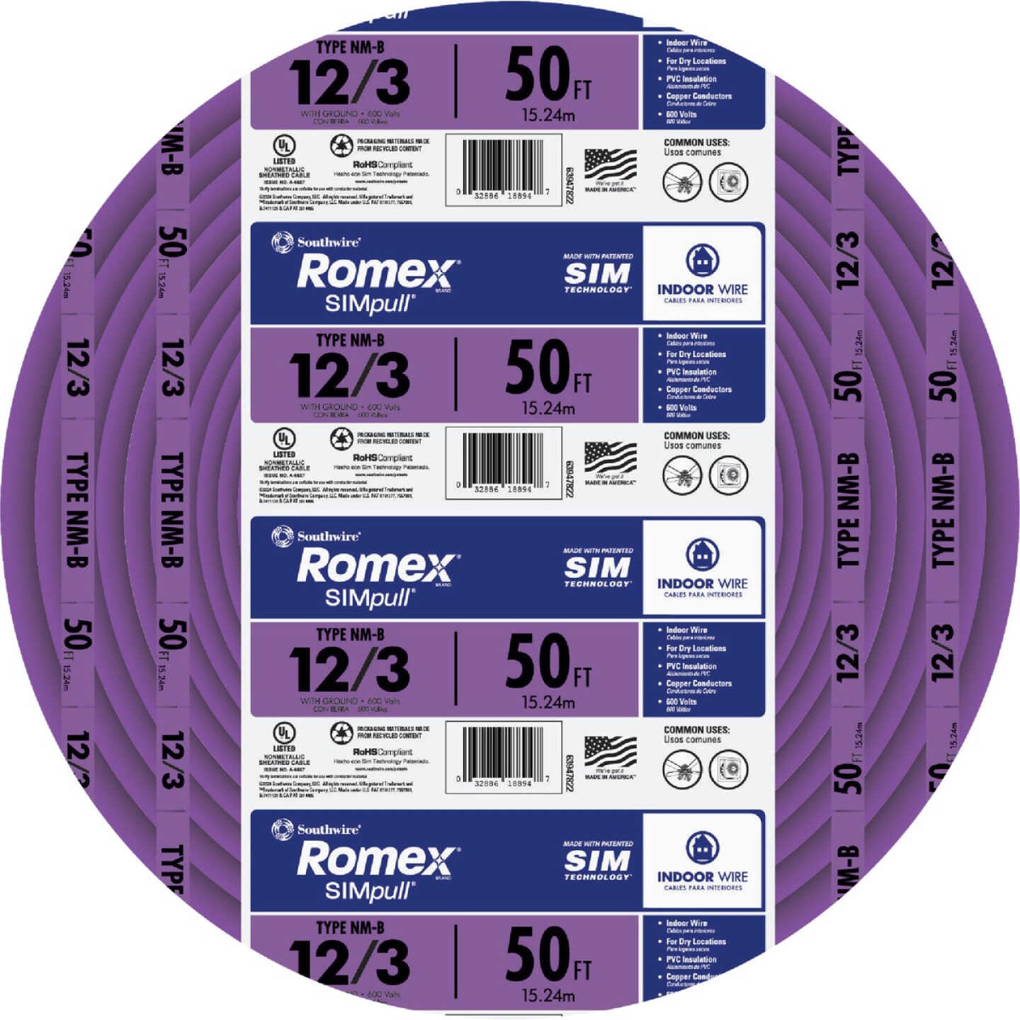 Romex 50 Ft. 12/3 Solid Purple NMW/G Electrical Wire Image 1