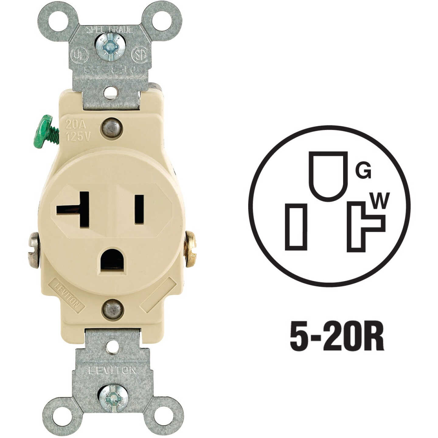 Leviton 20A Ivory Commercial Grade 5-20R Shallow Single Outlet Image 1
