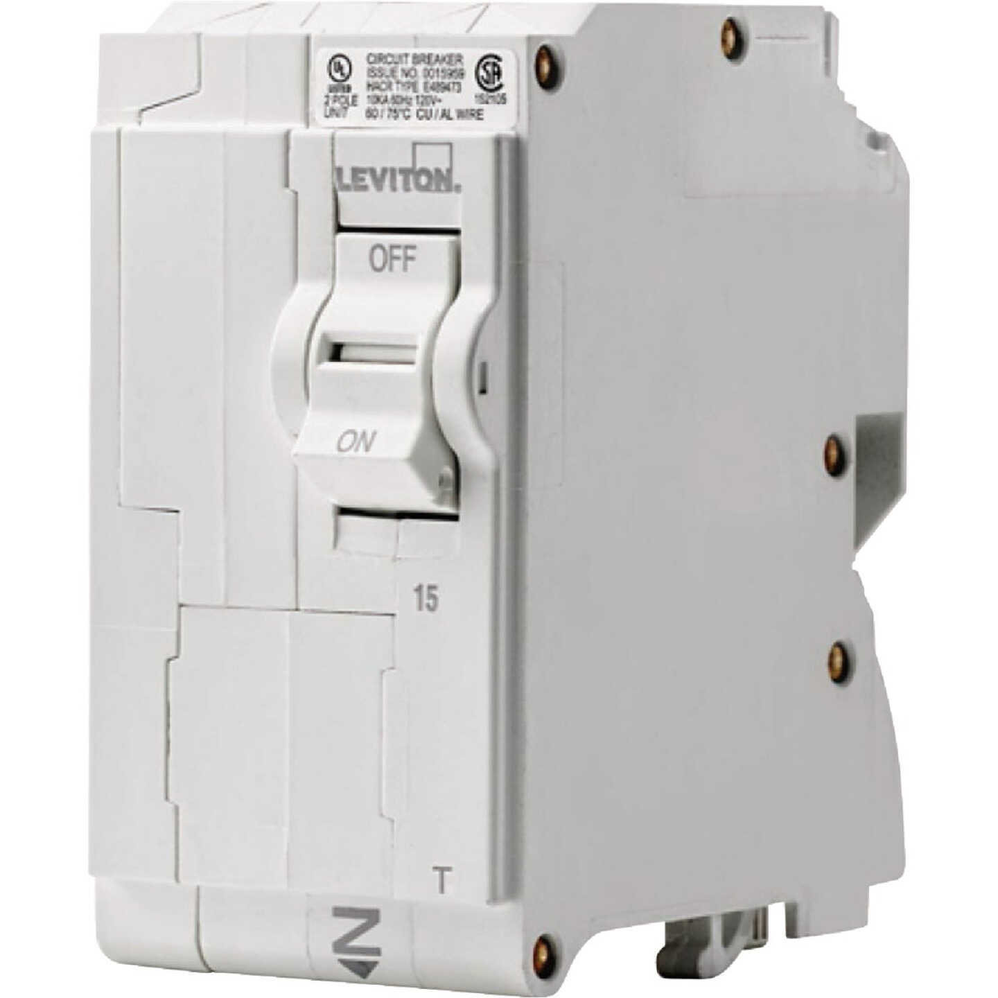 Leviton 15A Double-Pole Plug-On Standard Branch Thermal Magnetic Trip Circuit Breaker Image 1