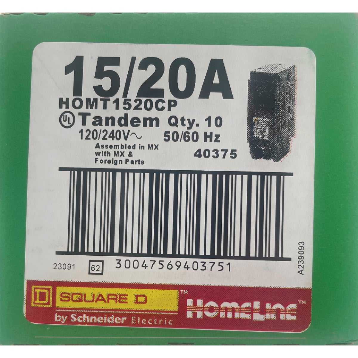 Square D Homeline 15A/20A Twin Single-Pole Standard Trip Tandem Circuit Breaker Image 2