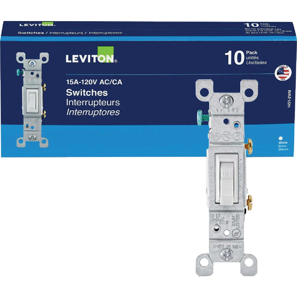 Leviton Residential Grade 15 Amp Toggle Single Pole Grounded Switch, White, (10-Pack)