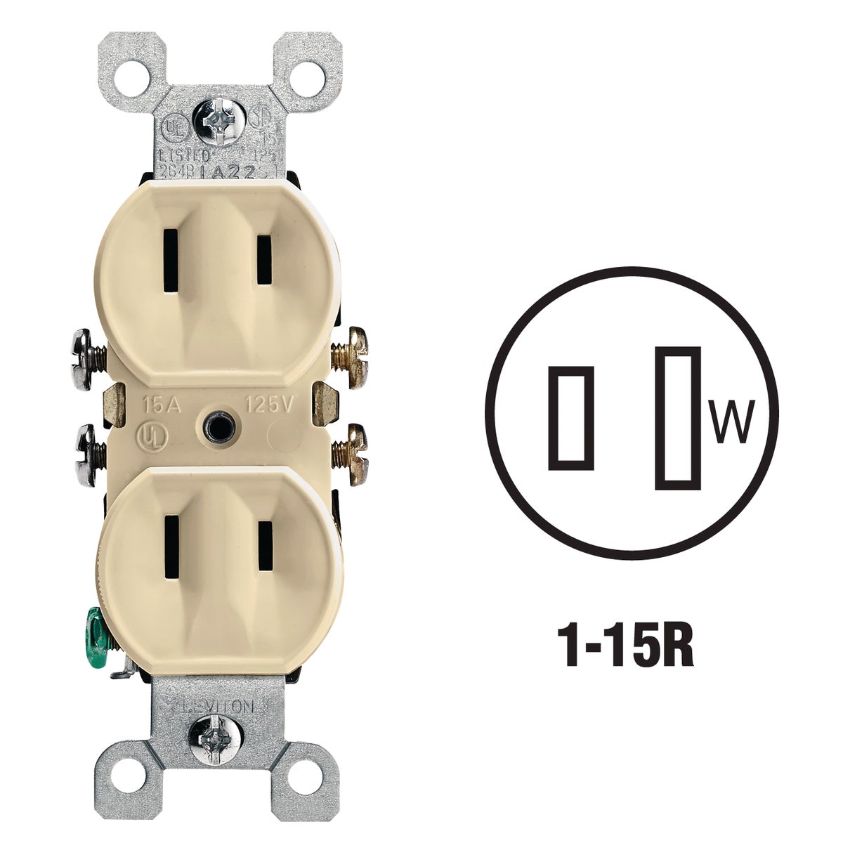 Leviton 15A Ivory Residential Grade 1-15R Duplex Outlet Image 1