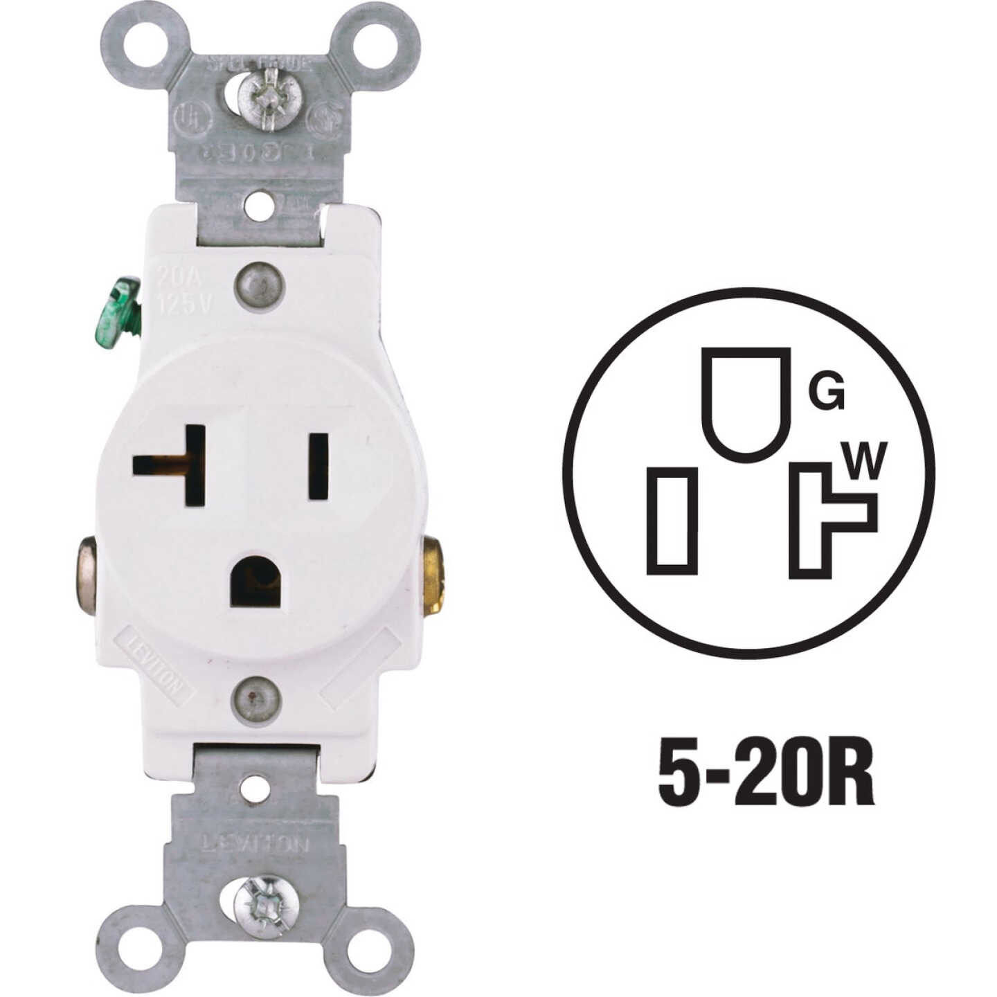Leviton 20A White Commercial Grade 5-20R Shallow Single Outlet Image 1