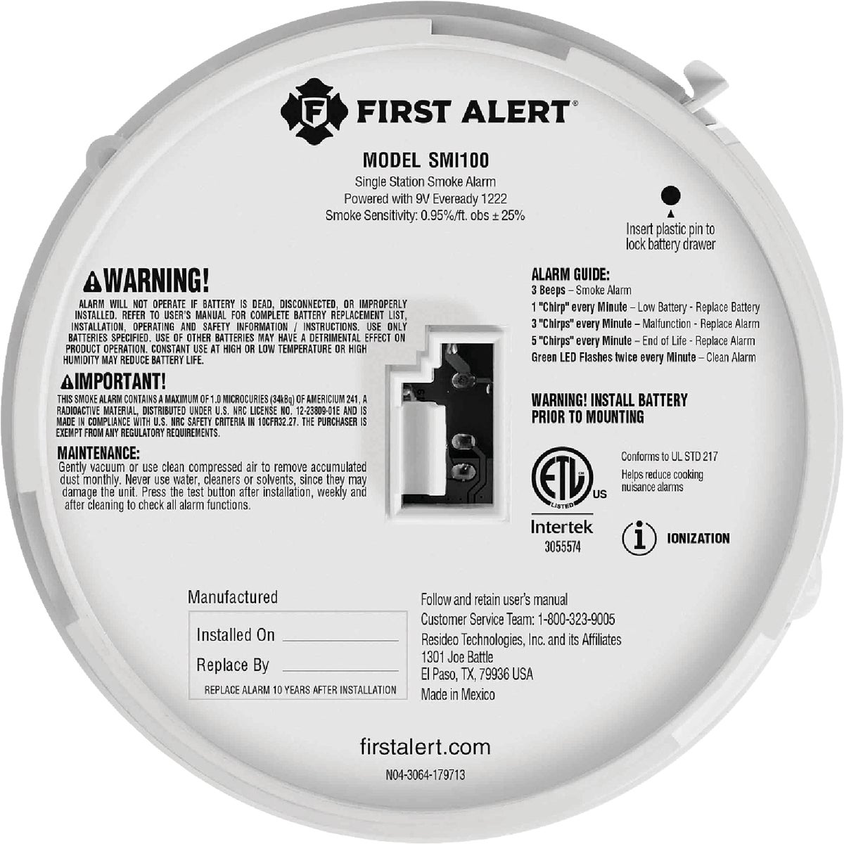 First Alert SMI100 Battery Powered Ionization Smoke Alarm Image 5