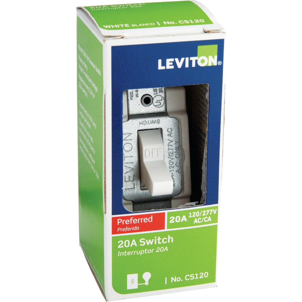 Leviton Commercial Grade 20 Amp Toggle Single Pole Switch, White Image 2