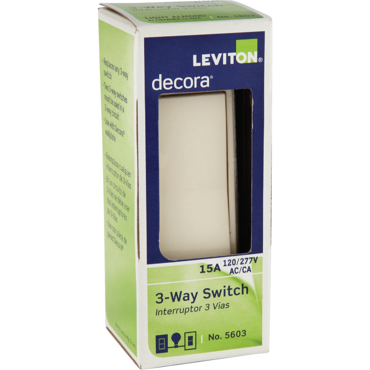 Leviton Decora Rocker Light Almond 15A Grounded 3-Way Switch Image 2