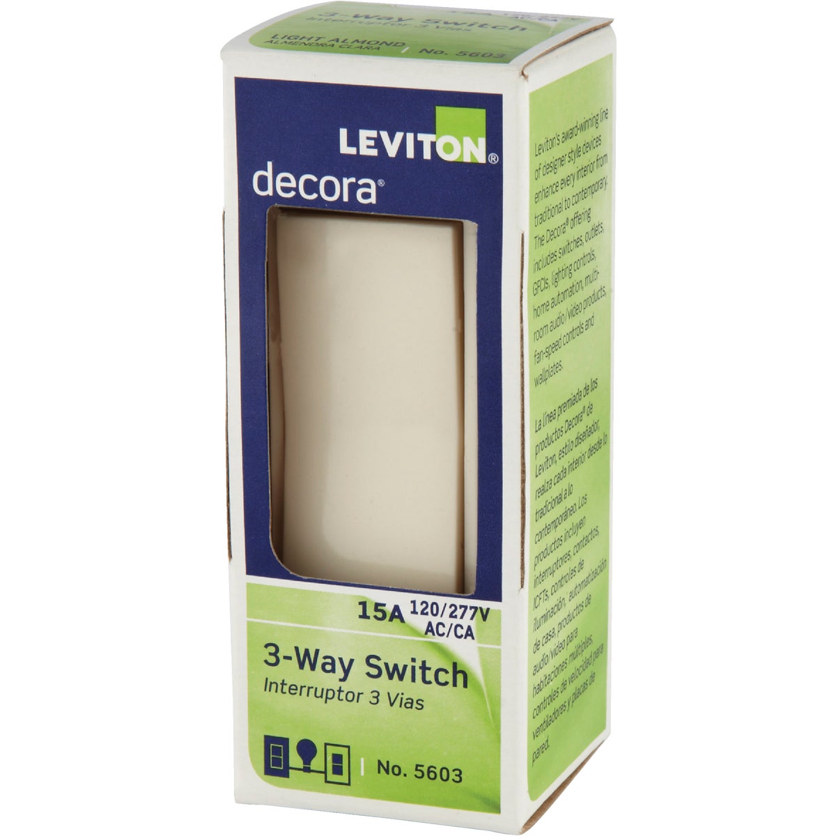 Leviton Decora Rocker Light Almond 15A Grounded 3-Way Switch Image 3