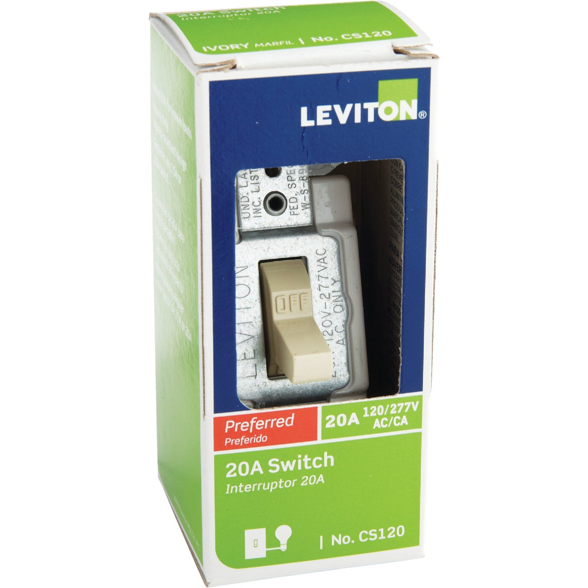 Leviton Commercial Grade 20 Amp Toggle Single Pole Switch, Ivory Image 2
