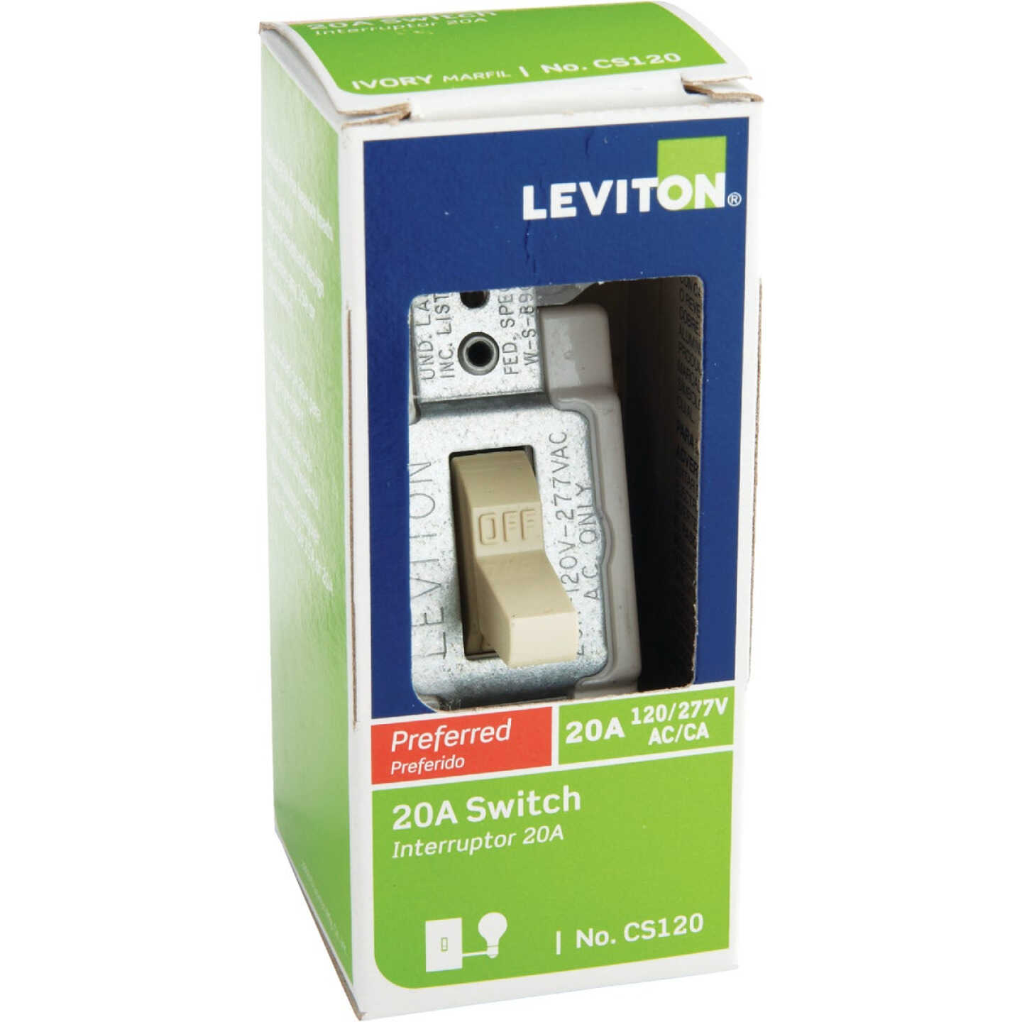 Leviton Commercial Grade 20 Amp Toggle Single Pole Switch, Ivory Image 2