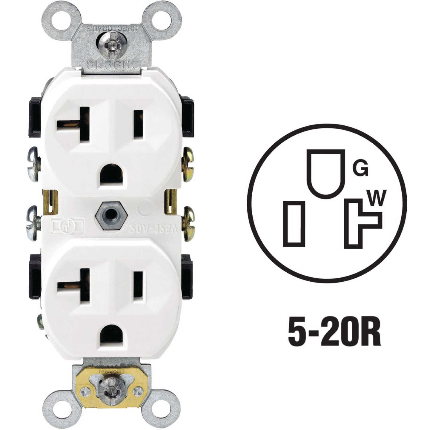 Leviton 20A White Shallow Commercial Grade 5-20R Duplex Outlet Image 1