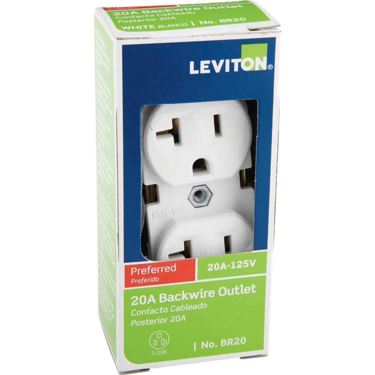 Leviton 20A White Shallow Commercial Grade 5-20R Duplex Outlet Image 2