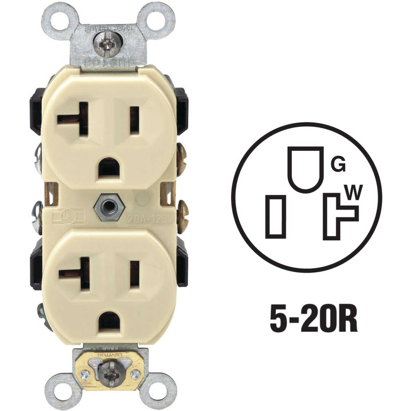 Leviton 20A Ivory Shallow Commercial Grade 5-20R Duplex Outlet Image 1