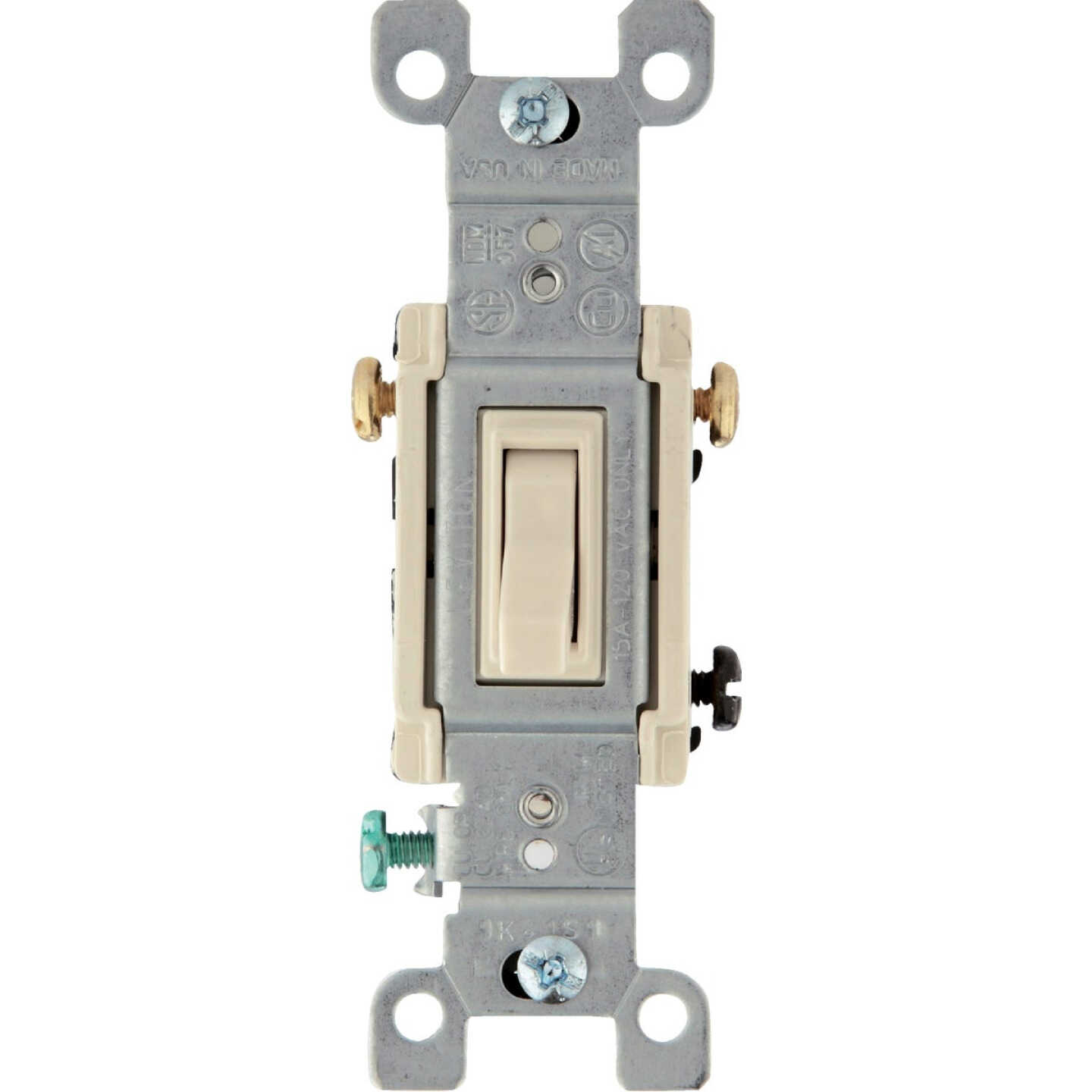 Leviton Quiet Grounded Toggle Light Almond 15A 3-Way Switch Image 1