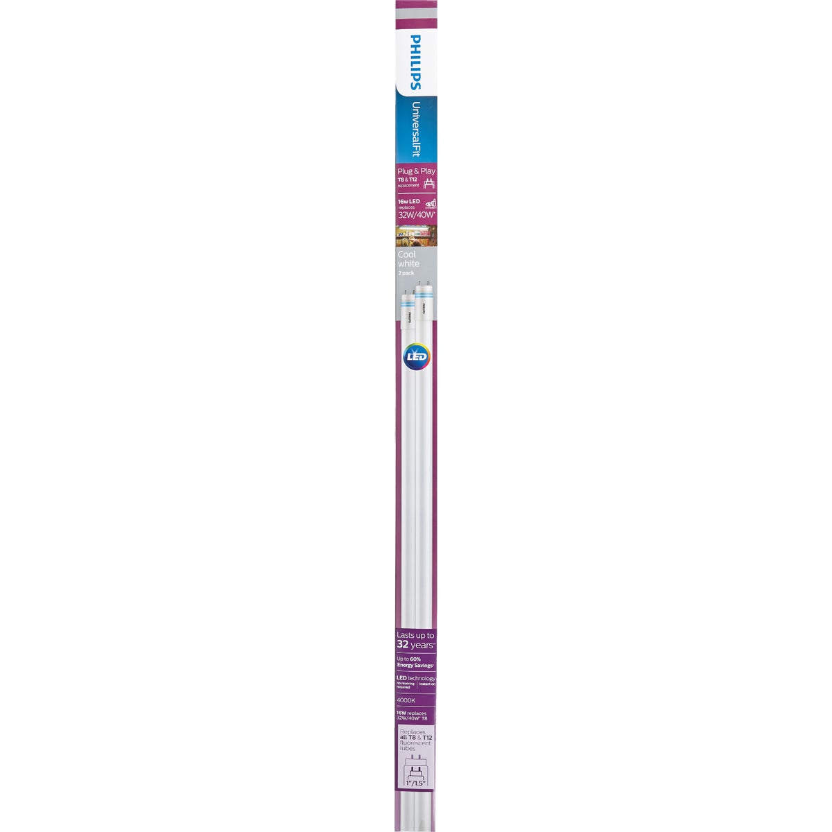 Philips UniversalFit 32W/40W Equivalent 48 In. Cool White T8 Bi-Pin LED Tube Light Bulb (2-Pack) Image 2